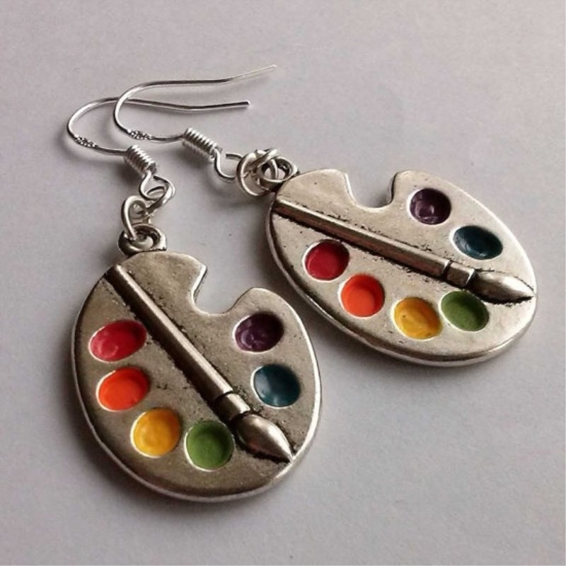 Palette d'artiste - pinceau argenté - boucles d'oreilles argentées